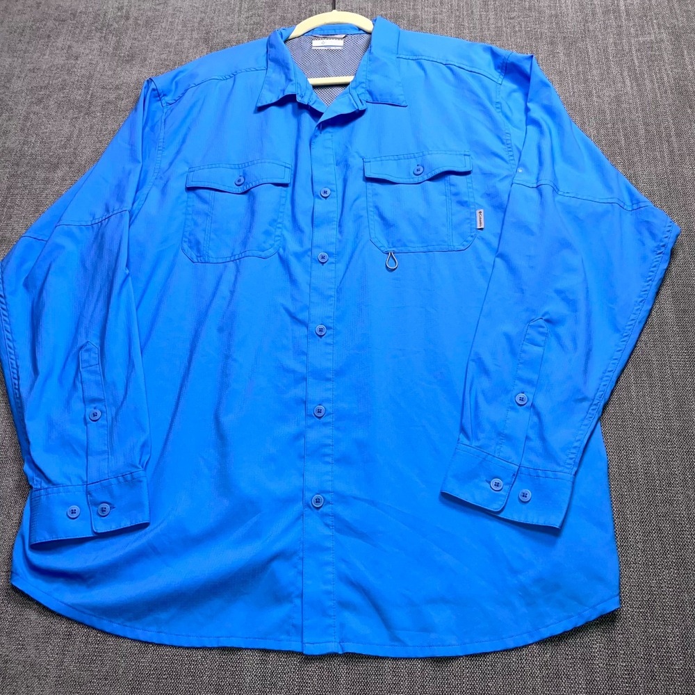 Columbia Omni Shade PFG Shirt Mens 2XL Blue Long Sleeve Mesh Lined Button Up